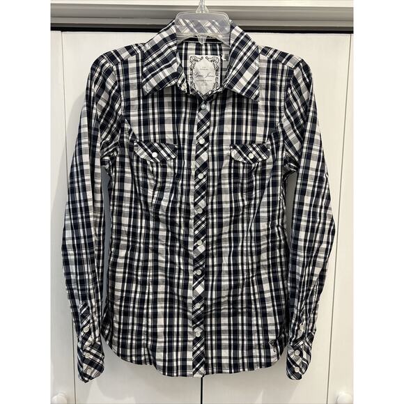 Guess Jeans BLUE/WHITE Checkered Pearl Snap Long Sleeve Shirt Women’s Sz L - Picture 1 of 11
